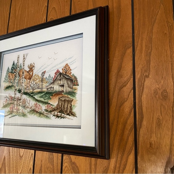 Vintage needlepoint crewel deer buck & doe professionally framed forest cabin - Picture 8 of 9